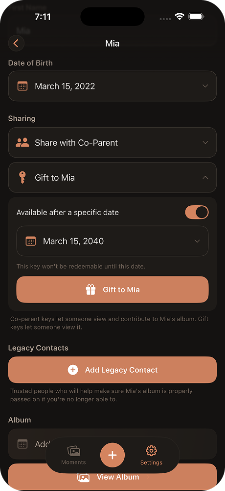 Generating a handoff key to gift an album