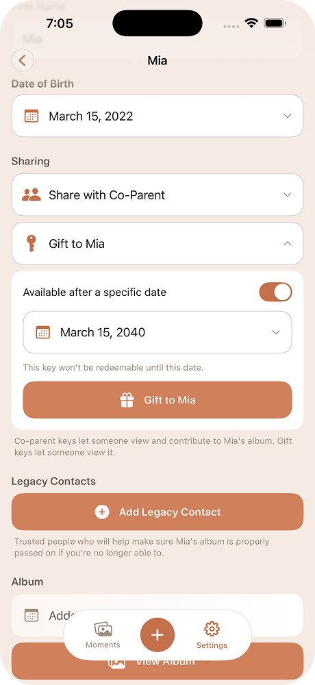 Generating a handoff key to gift an album
