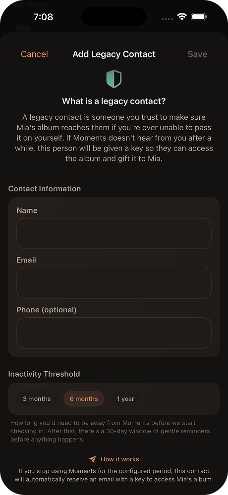 Setting up a legacy contact for your child's album