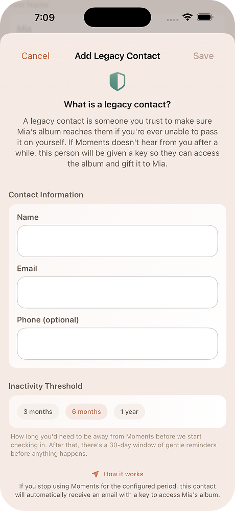 Setting up a legacy contact for your child's album